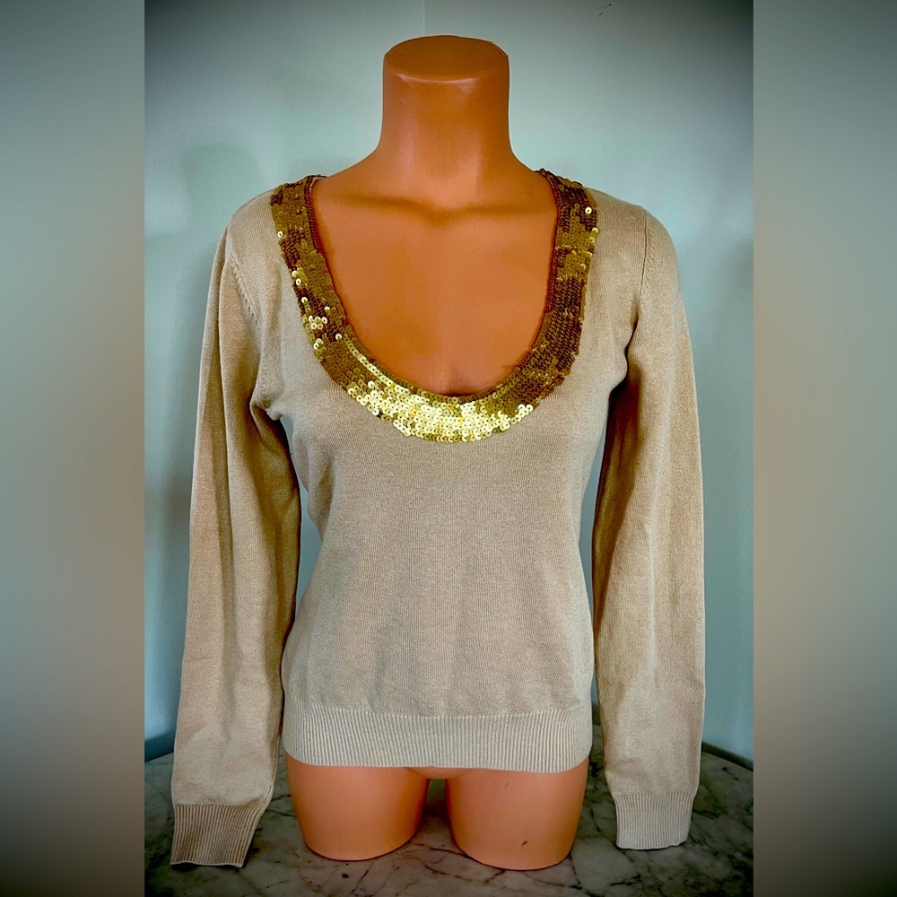 BOSTON PROPER  Silk Cashmere Blend Knit Sweater w/Sequins Embellished Neckline S